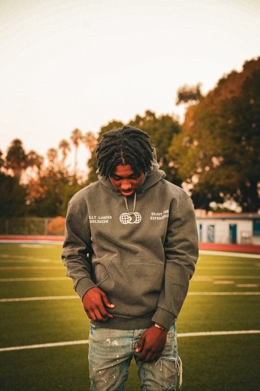FL Worldwide Hoodie in Vintage Grey - Front view of the hoodie featuring the iconic FL Worldwide logo